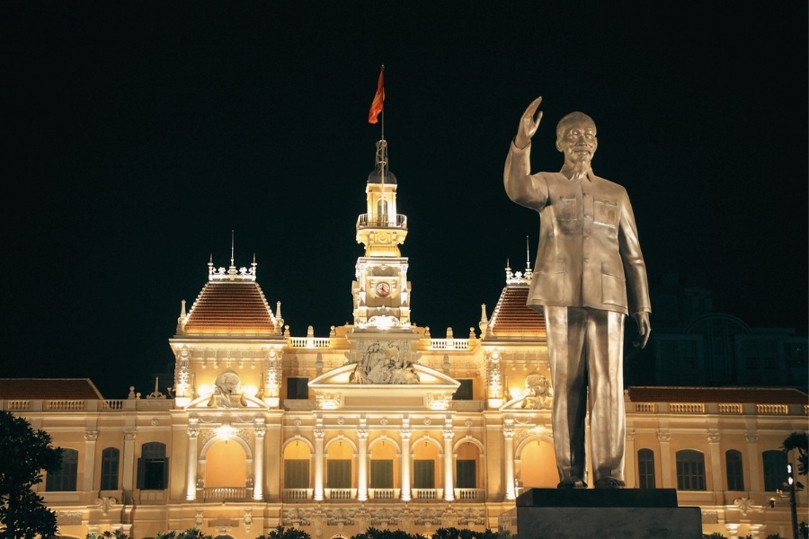 President Ho Chi Minh Statue at night in Saigon